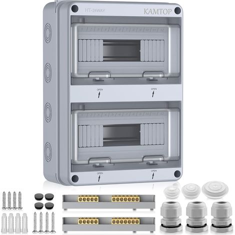 Coffret Électrique Étanche 24 Modules - Tableau Electrique 2 Rangées Étanche IP65, Couvercle PC Transparent, Rail DIN Préinstallé, ABS Antichoc pour Garage, Jardin, Accessoires de Montage Inclus (1/5)