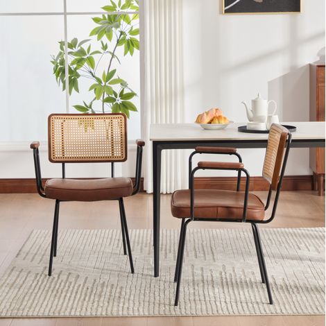Silla de comedor de PU marrón, set de 2, con reposabrazos y patas regulables, estilo ratán vintage (1/5)