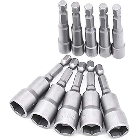 10er Set Magnete Sechskant Stecknuss, 6-19mm Steckschlüssel, Anschrauben Schraubenschlüssel für Bohrer (Chrom Vanadium Stahl) (1/5)