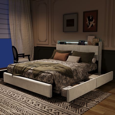 CJHXE Letto imbottito, letto matrimoniale, 140 x 200 cm con 4 cassetti, con porta USB, letto contenitore con rete a doghe, letto matrimoniale per adulti e adolescenti (1/5)