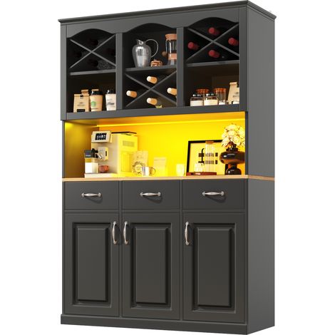 CHICFURN Credenza da cucina alta 120x40x180 cm in MDF nero, 3 porte, 3 cassetti, LED (1/5)