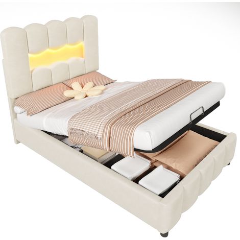 Letto imbottito 90 x 200 cm senza materasso con contenitore idraulico, testiera regolabile, luci LED e velluto beige, ideale per camera da letto CHICFURN (1/5)