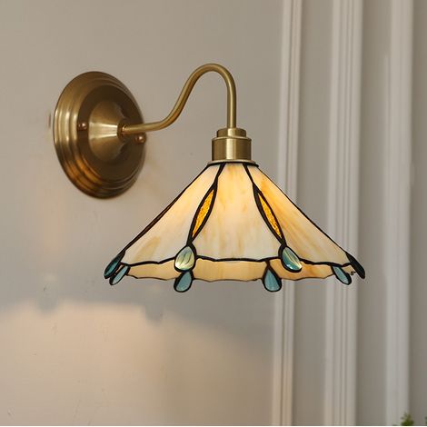 Applique murale, lampe de chevet vintage, applique murale en laiton avec abat-jour en verre, applique d'intérieur avec ampoule, lumière chaude 3000K (1/5)