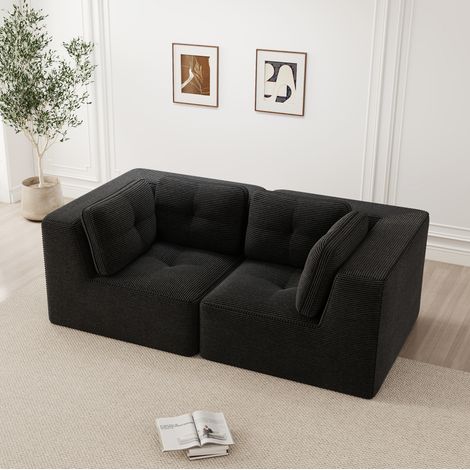 Canapé d'angle modular de pana negra, sin estructura, asiento profundo 74 cm, configurable (1/5)