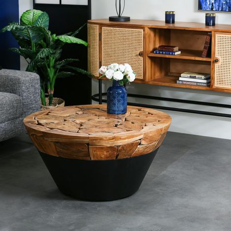 Pier Import – Table basse ronde racine de teck métal noir – Dimensions 90x90x45 cm – Finition naturelle – Design organique moderne