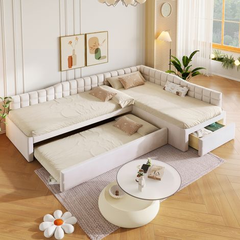 Letto estraibile 90/200 cm in beige, con cassetti e morbido rivestimento effetto velluto (1/5)