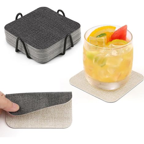 Set de 12 sous-verres carrés en similicuir, double face, antidérapants, lavables, avec support (1/5)