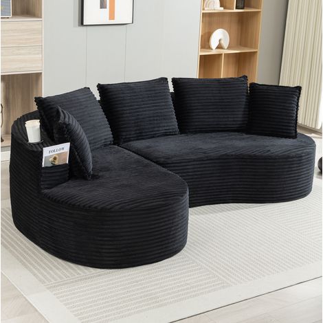 Sofá curvo 250x152x82 cm de pana negra con portavasos y bolsillos, para salón – MEUBLIV (1/5)