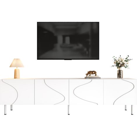 Meuble TV/table TV aux lignes courbes tridimensionnelles, 4 portes à ouverture par simple pression, en panneaux de particules et MDF, pieds cylindriques en métal, meuble bas moderne pour salon (1/5)