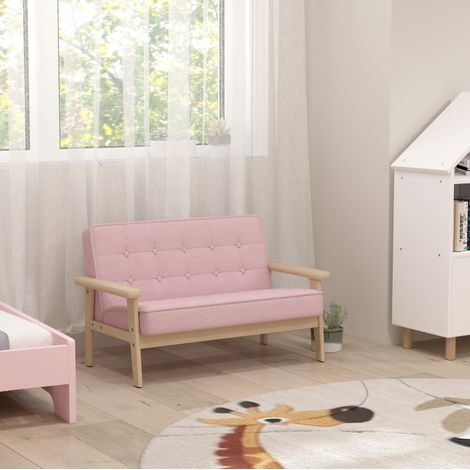 Divano bambino 2 posti in legno, effetto velluto, imbottito, rosa OKMYHOME (1/5)