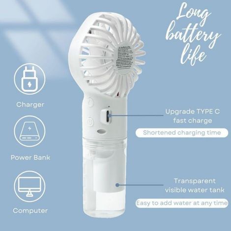 Ventilateur brumisateur portatif 2 en 1, mini ventilateur avec batterie rechargeable USB-C, 4 vitesses réglables (blanc) (1/5)