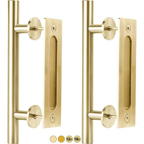 Kit de 2 poignées de porte de grange en laiton brossé doré de 30,5 cm – Poignée de porte de placard en acier inoxydable – Poignée de traction et poignée de porte coulissante robuste (1/5)