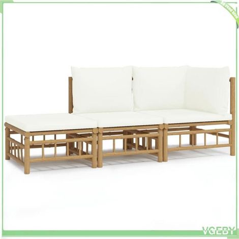 Salon de jardin - FAFEICY - modulaire - bambou - coussins blanc crème - 3 pièces (1/5)