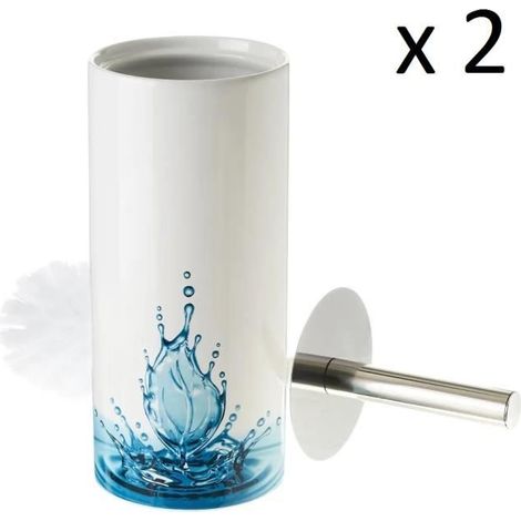 Lot de 2 brosse de toilette WC avec support, porte brosse WC en céramique coloris blanc-bleu - Diamètre 10 x Hauteur 32 cm-JUANIO (1/4)