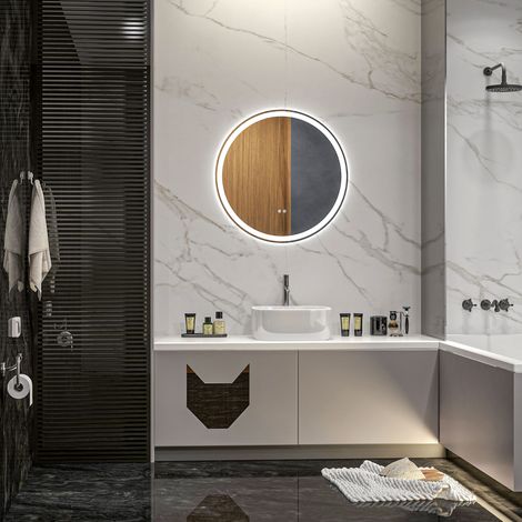 Miroir LED rond 60 cm avec fonction tactile, anti-buée, mémoire et cadre en aluminium blanc pour salle de bain moderne  CHICFURN (1/5)