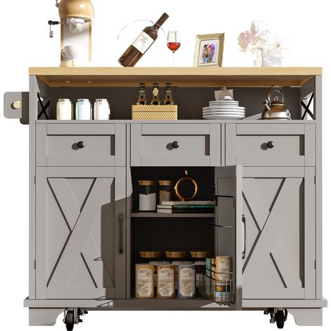 Ilot central de cuisine extensible Gris,Desserte Cuisine avec 1 porte,3 tiroirs,plan de travail,118x43x98cm