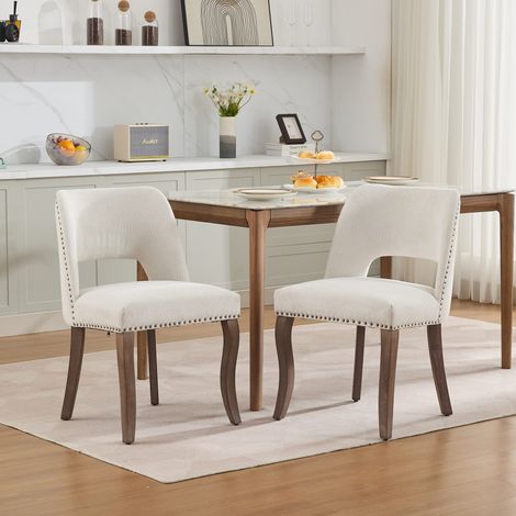 Lot de 2 chaises de salle à manger en chenille beige, dossier incurvé ajouré, clous cuivrés, pieds courbés en bois d'hévéa, 58 x 51 x 82,5 cm (1/5)