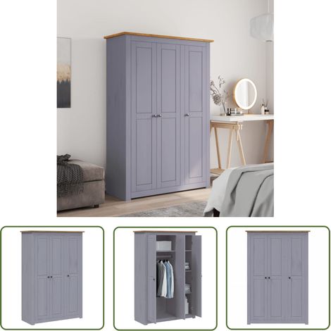 The Living Store Garde-robe 3 portes Gris 118x50x171,5 cm Pin Assortiment Panama - Armoire À Vêtements - Dressing - Placard - Rangement - Bois De Pin (1/5)