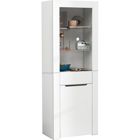 ELVMI Vitrinenschrank mit 1 Tür, 1 Schublade und 2 Regalböden mit LED für Wohnzimmer Büro Küche aus Spanplatte 60×35.5×165 cm Weiß (1/5)