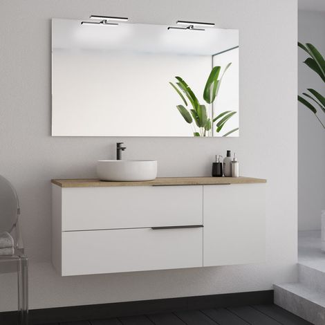 Meuble de salle de bain 120cm avec vasque à poser ronde et miroir avec appliques - blanc - KING (1/5)