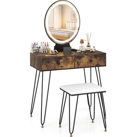 COSTWAY Vanity Set Makeup Dressing Table w/ Soft Cushioned Stool & Mirror-Brown (1/5)