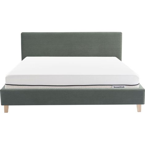 Ensemble Lit adulte 140x190cm avec tête de lit en velours côtelé vert kaki - Milo + Matelas ressorts ensachés - Spring Elite