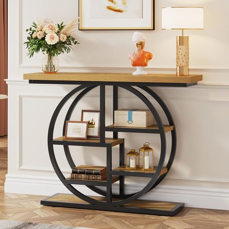 Tribesigns Table console industrielle à 6 étages avec base circulaire - 105 cm - Tables étroites d'accentuation en bois avec étagères de rangement pour salon, couloir, hall - Marron clair (1/5)