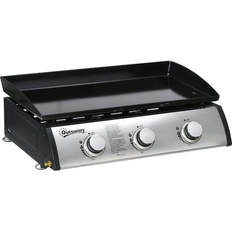 Barbecue à gaz avec couvercle, 3 brûleurs, bac à graisse, plaque antiadhésive, 63 x 47 x 25 cm, noir/argent (1/5)