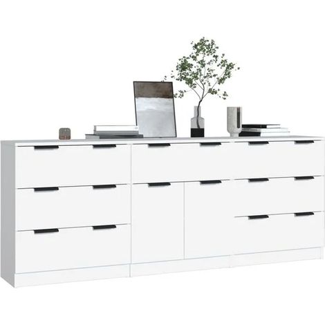 Ensemble de 3 Pièces Meuble Buffet de Cuisine en Bois d'Ingénierie Blanc, Rangement Moderne avec Étagères et Tiroirs pour Salle à Manger et Salon (1/5)