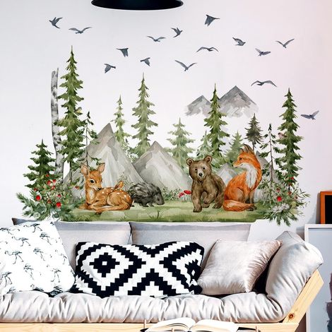 Grand stickers muraux enfants ANIMAUX de la FORÊT (150x96 cm) I Autocollant mural enfant forêt renard ours arbre jungle (1/5)
