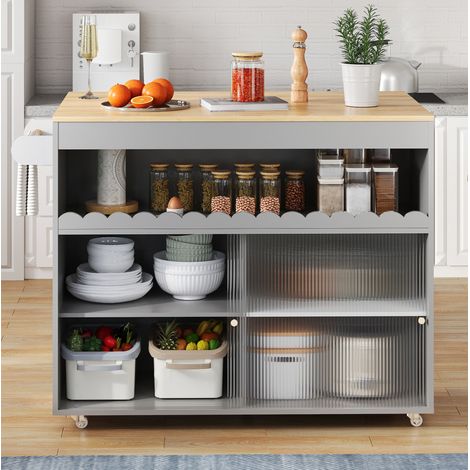 Chariot îlot de cuisine 122/46(69)/91 cm gris avec plateau rabattable et portes en verre (1/5)