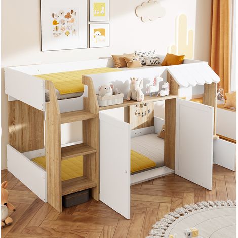 MEUBLIV Lit mezzanine 90 x 200 cm enfant, bois blanc et naturel, inférieur portes et étagères, pour chambre enfant (1/5)