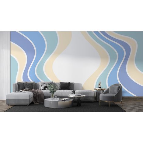 Papier peint rétro - fines vagues bleues - 150 x 250 cm (1/2)