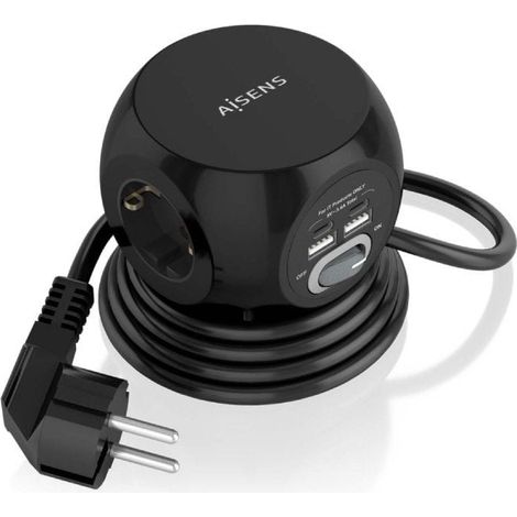AISENS Striscia di alimentazione da tavolo multifunzionale de con 3 prese + 2xUSB-C, 2xUSB-A, 1,4M, Nero