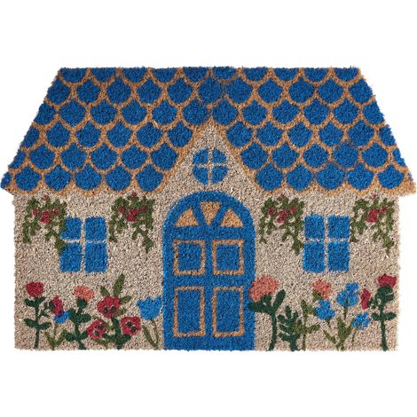 Paillasson en Fibre de Coco 60 x 90 cm Antidérapant Dessous en PVC Motif Maison Bleu Rosario (1/5)