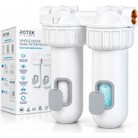 Rosmmel – Station de filtration eau double 1" – Anti-calcaire et anti-corrosion – Filtration sédiments 50µm – Cristaux de polyphosphate (1/5)