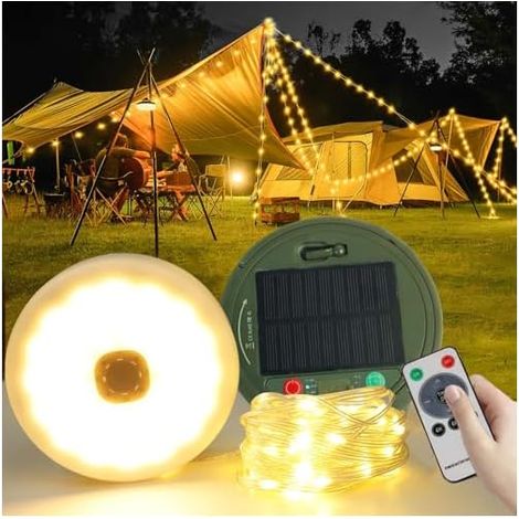Guirlande Lumineuse Solaire de Camping 10M Rechargeable USB-C/Solaire - 8 Modes d'Éclairage, Télécommande, Minuterie, 12H Autonomie, IP44, Léger 270g - Blanc Chaud pour Tente, Jardin, Randonnée, Noël.