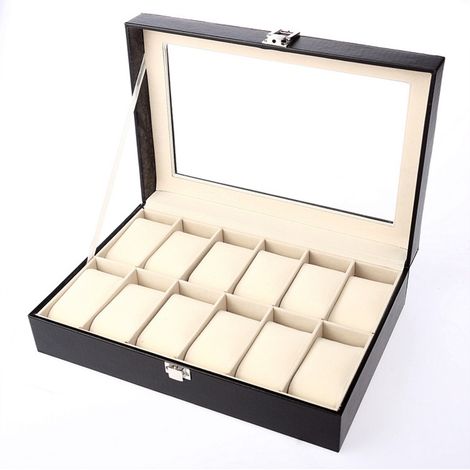 Coffret de Rangement pour Montres 12 Emplacements en Bois et PU avec Serrure, Boîte à Montres Polyvalente pour Collection (1/5)