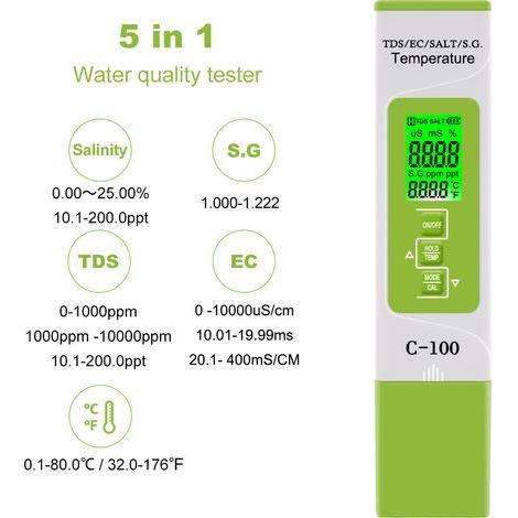 Digitales 5-in-1-Wasserqualitätsmessgerät: Misst TDS/EC/Salzgehalt/Dichte/Temperatur. Hochpräzise Tests für Trinkwasser, Schwimmbäder und andere aquatische Umgebungen. (1/5)