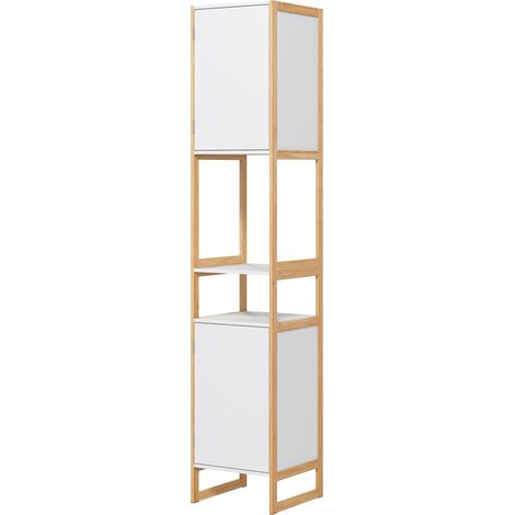 Meuble colonne salle de bain blanc bambou MDF 2 niches 2 placards étagère réglable 33x33x170 cm