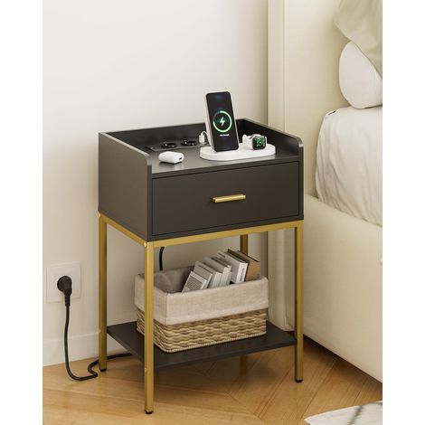 Table de chevet moderne à 3 niveaux avec tiroir et étagère, petite table d'appoint pour chambre à coucher, salon, noir (avec prise) (1/5)