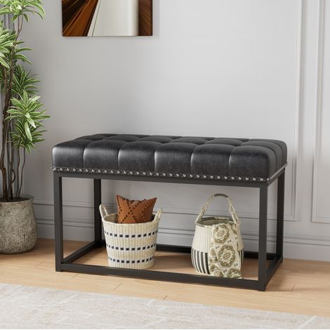 Panca vintage imbottita, seduta capitonné, rivestimento in pelle sintetica PVC, nera (1/5)