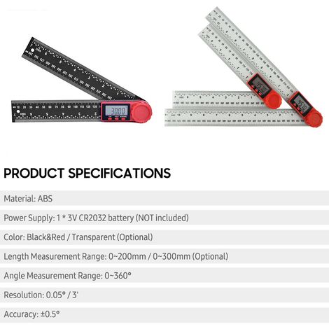 Règle de mesure pliante 2 en 1 200 mm en plastique électronique transparent angle affichage numérique droit mesure à 360 degrés intérieur extérieur (1/5)