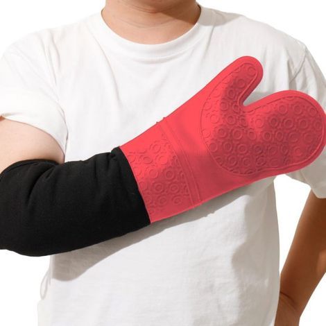 – 2er-Packung langstielige, hitzebeständige Silikonhandschuhe – Hitzebeständig bis 260 °C – Unterarmschutz – Rutschfest – Waschbar – Schwarz (1/5)