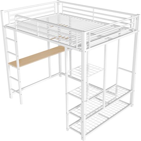 Lit mezzanine en métal avec échelle 140200 cm, lit junior double avec table, simple penderie avec compartiments de rangement, blanc