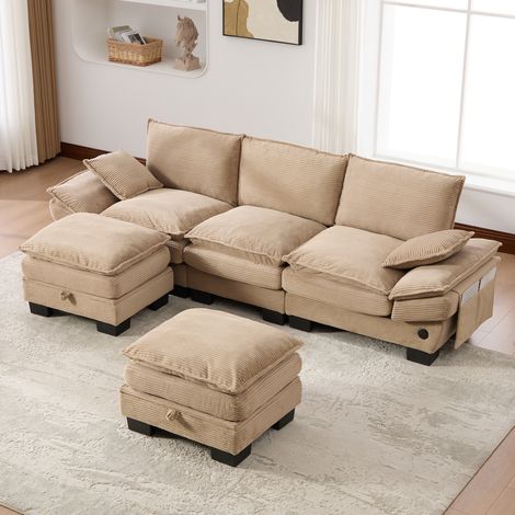Canapé 3 Places 260x132cm - Tissu Corduroy Doux - Avec 2 Hockers Rangement - Port USB-C - Poches Latérales - Capacité 220kg - Brun