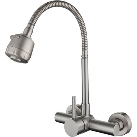 Robinet de cuisine Robinet de cuisine rotatif en acier inoxydable 304, évier à Double trou, tuyau universel de douche, eau chaude et froide dans le mur (1/5)