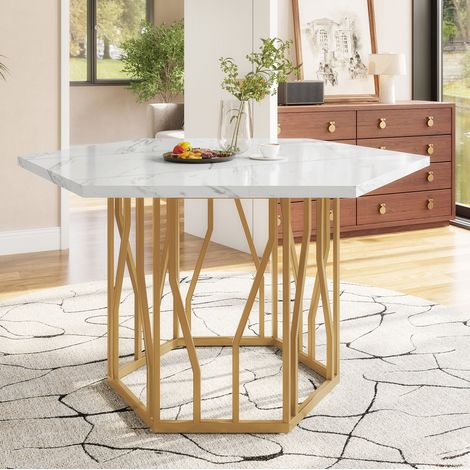 Mesa de comedor hexagonal 115.5x100x75 cm blanco y dorado en MDF y acero con diseño moderno (1/5)