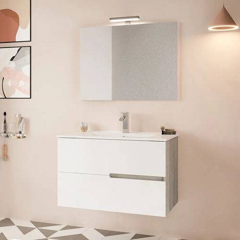 Mobile bagno sospeso 80 rovere grigio e bianco con lavabo e specchio Eva (1/5)