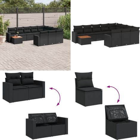 11-tlg. Garten-Sofagarnitur mit Kissen Schwarz Poly Rattan - Gartenmöbel Set - Esszimmergarnitur Outdoor - Lounge Möbel - Rattan Gartenset - Balkonmöbel - Home & Living (1/5)